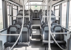 The inside of an electric ADL E200 single deck bus